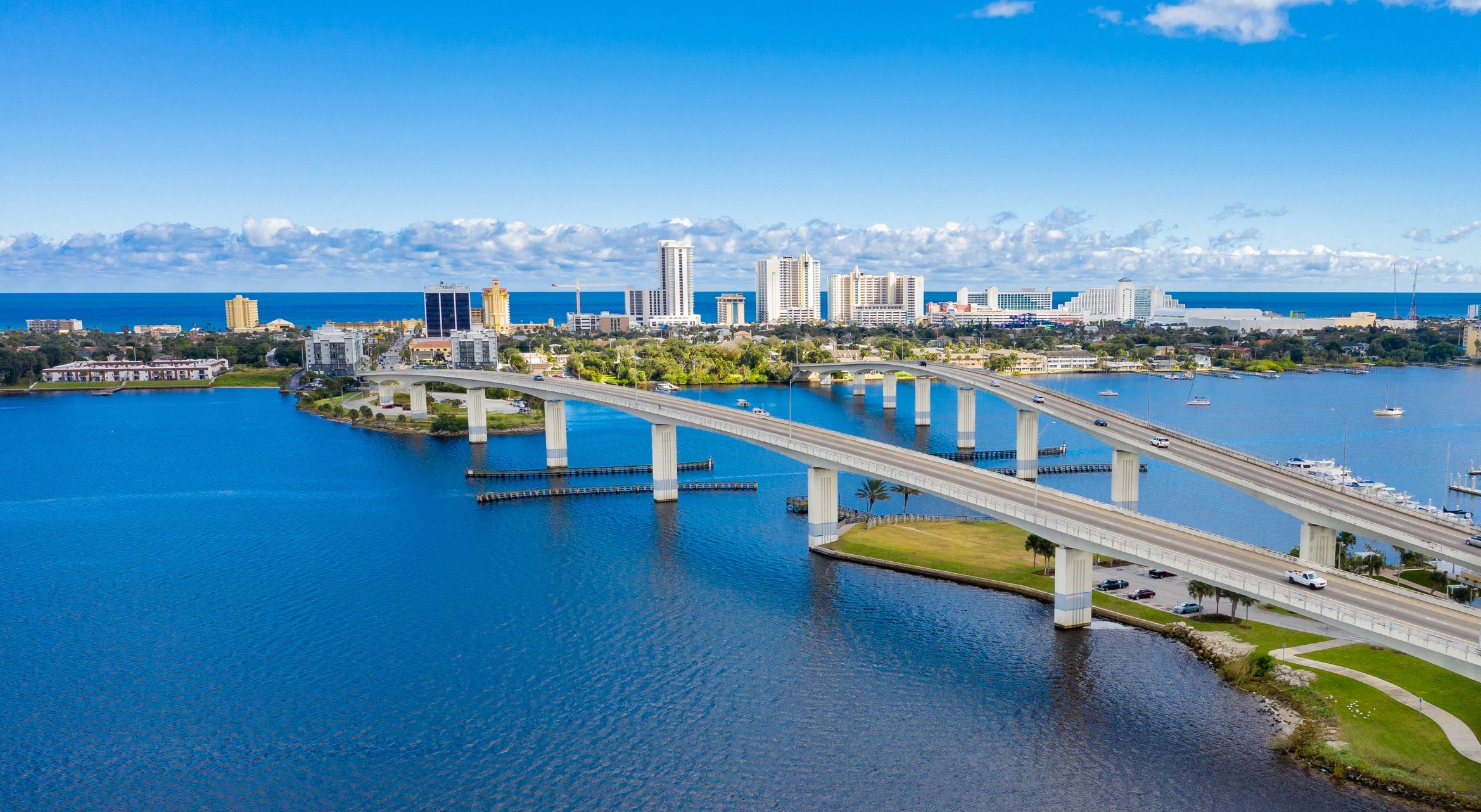 Florida community aerial view with water and neighborhoods
